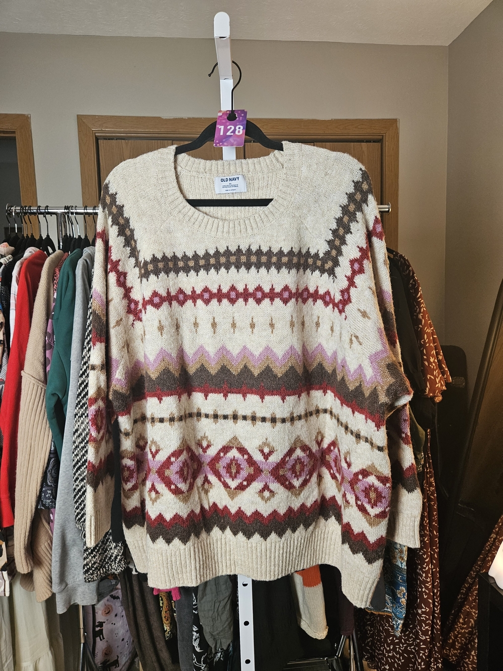 Old Navy Cream Fair Isle Crewneck Sweater with Red, Brown & Pink Accents